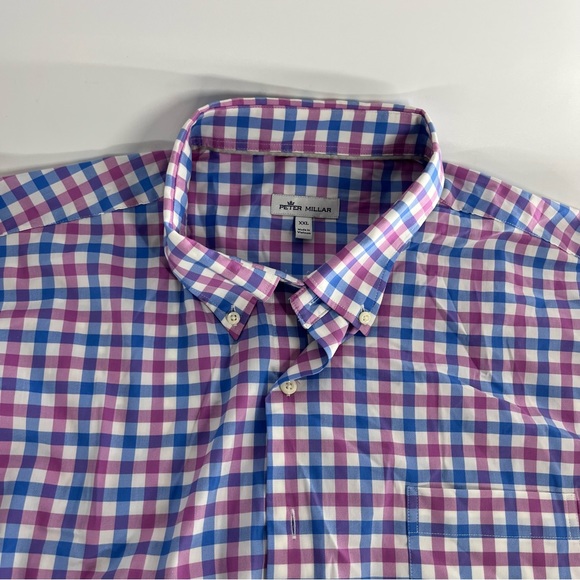 Peter Millar Shirt Mens XL‎ Purple Blue White Gingham Plaid Button Up Cotton EUC - Picture 4 of 8